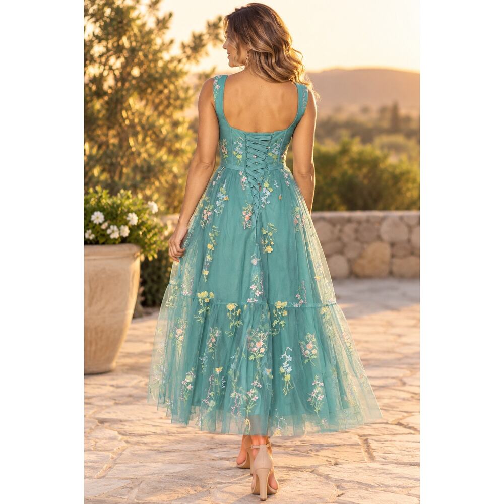 Teal Green Embroidered Floral Tulle Corset Midi Dress 10 Fairycore Formal - Picture 2 of 13